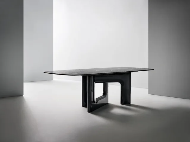 Bonaldo Liaison: Elongated table with a veined top and two open support volumes · View 2