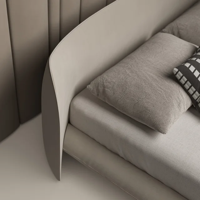 Bonaldo Nubo & Nubo boiserie: Helles gerundetes Bett vor breiter vertikal gegliederter Wandpolsterung · Ansicht 4