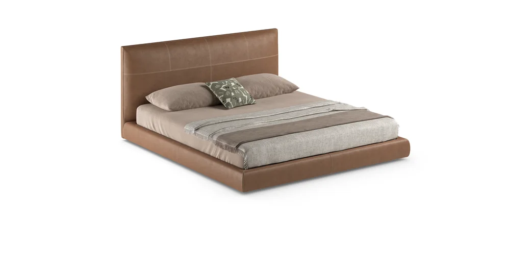 Bonaldo Oris: Brown bed with a broad headboard and upholstered frame · View 1