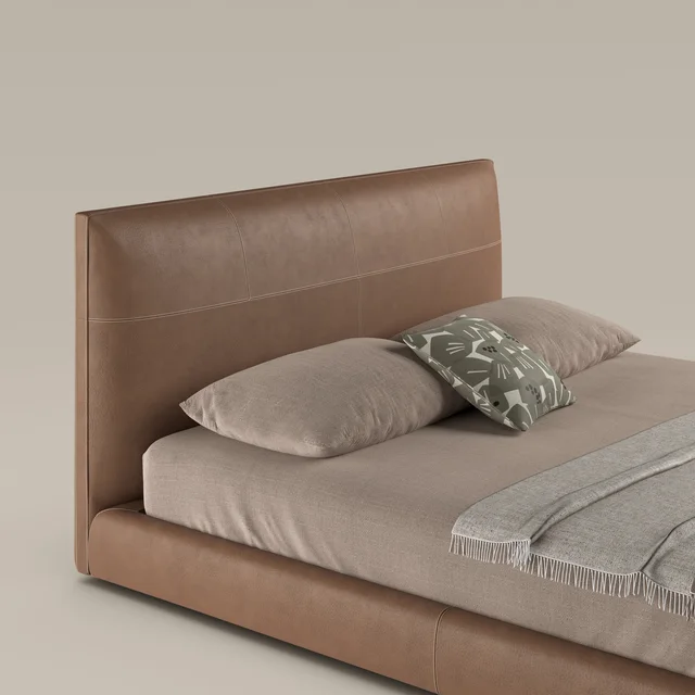 Bonaldo Oris: Brown bed with a broad headboard and upholstered frame · View 3