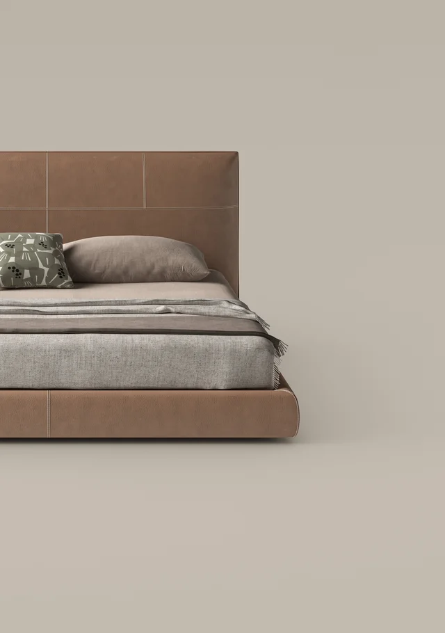 Bonaldo Oris: Brown bed with a broad headboard and upholstered frame · View 4