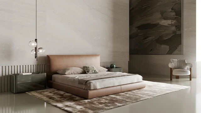 Bonaldo Oris: Brown bed with a broad headboard and upholstered frame · View 5