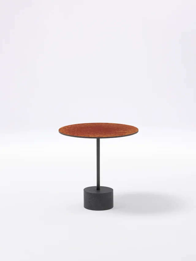 Fast Stelo: Round orange side table with a slender stem and dark base · View 1