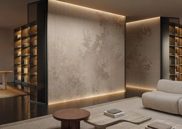 Glamora Vespera Collection: Afterlight – pleated textile wall design · Room view