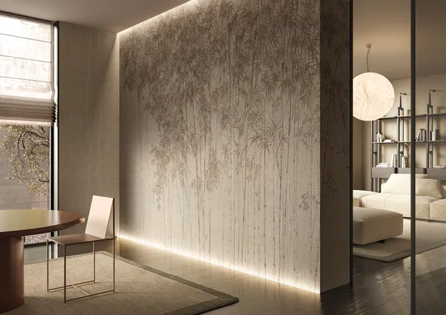 Glamora Vespera Collection: Chiaroscuro – pleated textile wall design · Room view