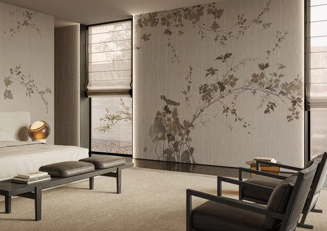 Glamora Vespera Collection: Heure Douce – pleated textile wall design · Room view
