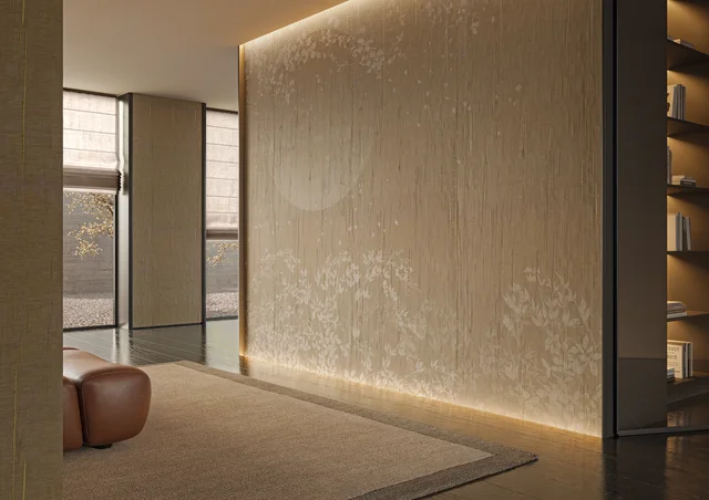 Glamora Vespera Collection: Indugio – pleated textile wall design · Room view