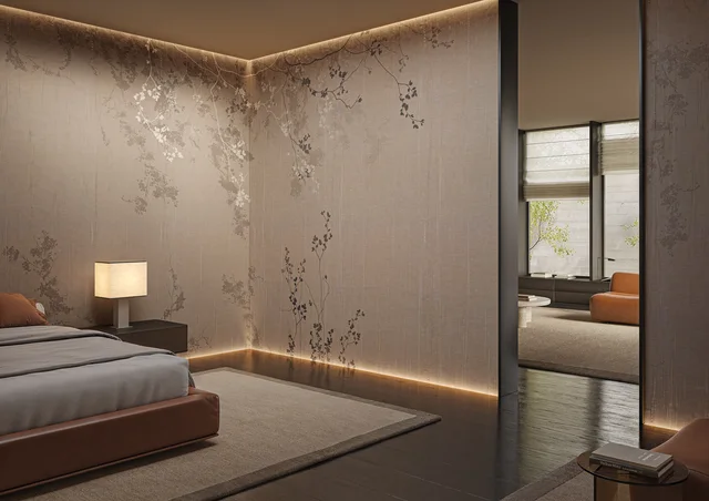 Glamora Vespera Collection: Silhouette – pleated textile wall design · Room view