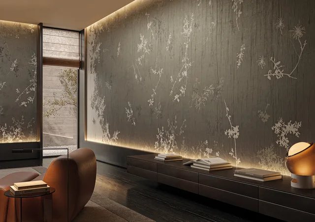 Glamora Vespera Collection: Sottovoce – pleated textile wall design · Room view