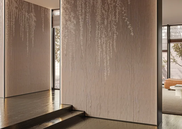 Glamora Vespera Collection: Umbral – pleated textile wall design · Room view