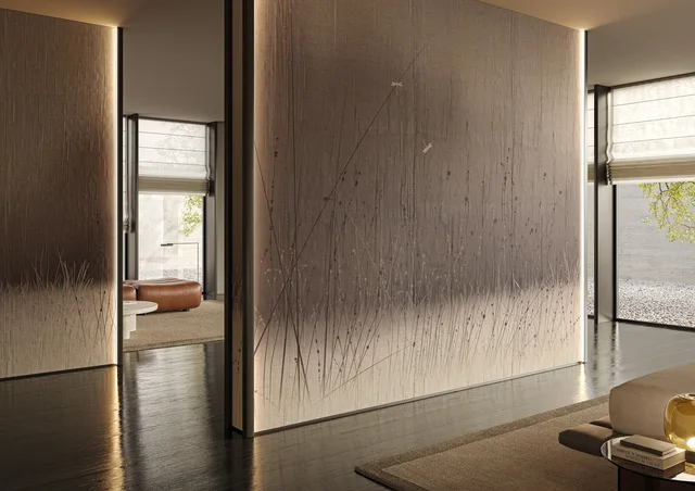 Glamora Vespera Collection: Velata – pleated textile wall design · Room view