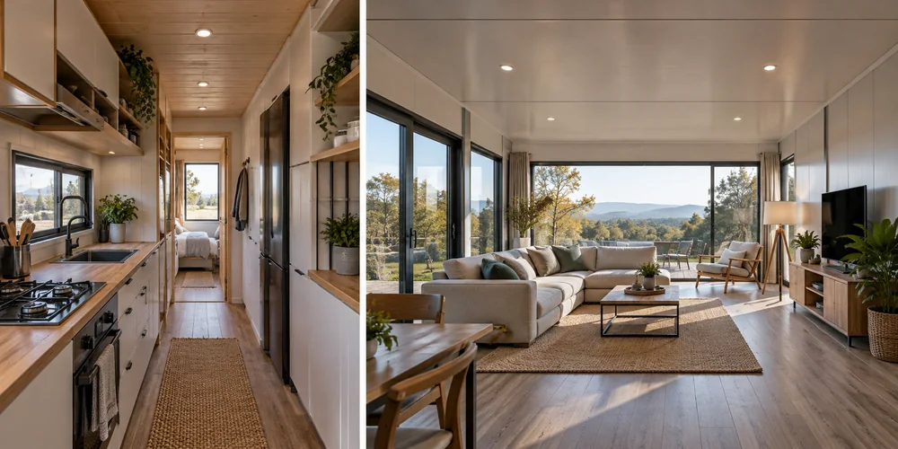 Schmaler Tiny-House-Innenraum und offener Wohnbereich mit Panoramafenstern im direkten Vergleich