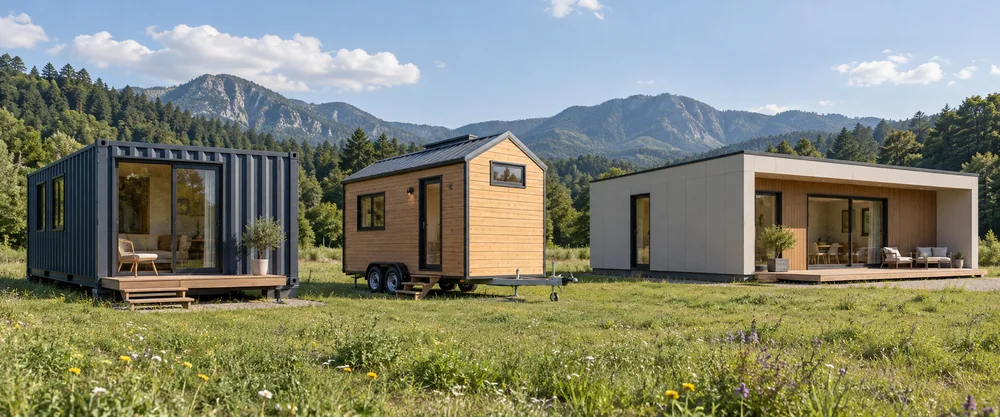 Dunkler Wohncontainer, Tiny House auf Rädern und flaches Modulhaus nebeneinander auf einer Wiese