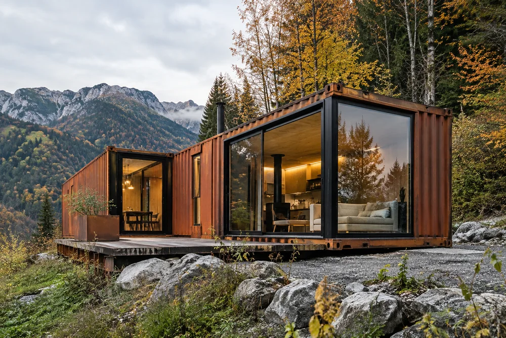 Rostfarbene Containerhaus-Module mit großen Glasfronten zwischen Felsen und Herbstbäumen