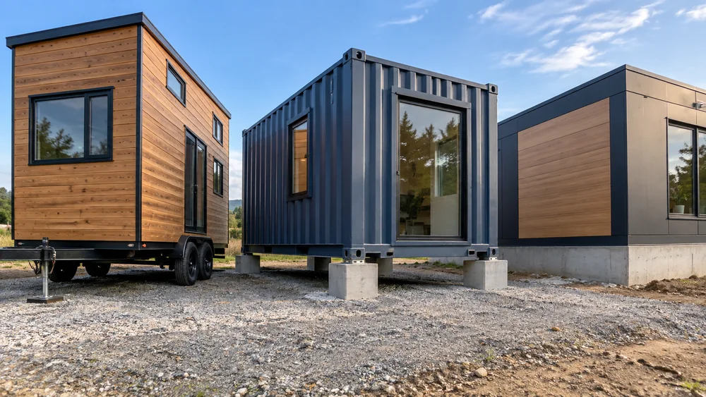 Tiny House auf Fahrgestell, Wohncontainer auf Stützen und Modulhaus auf einer Betonbasis