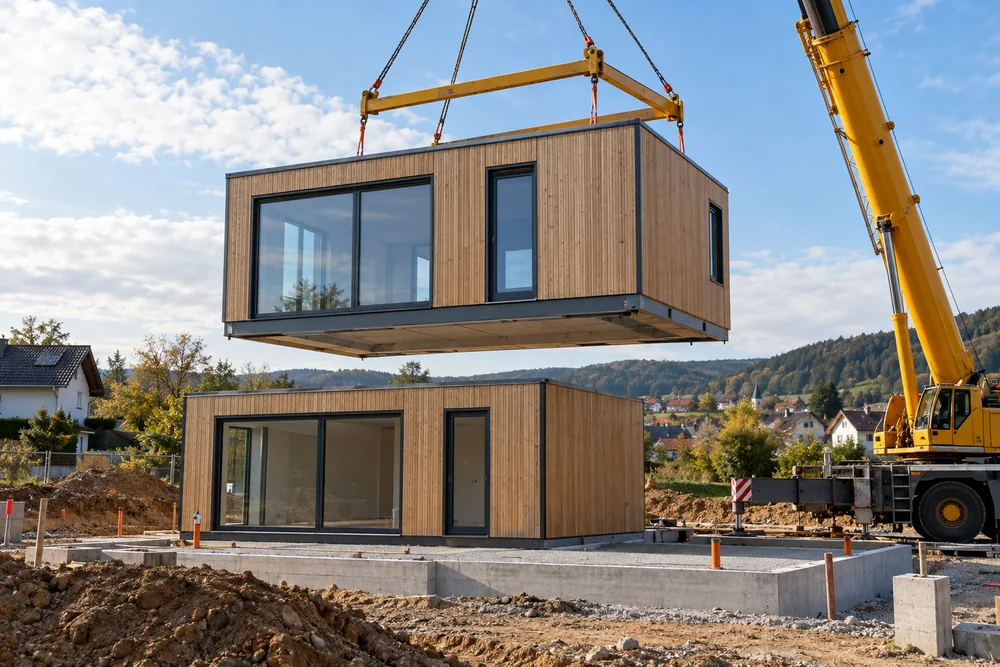 Holzverkleidetes Raummodul an einem Kran über einer vorbereiteten Baustelle