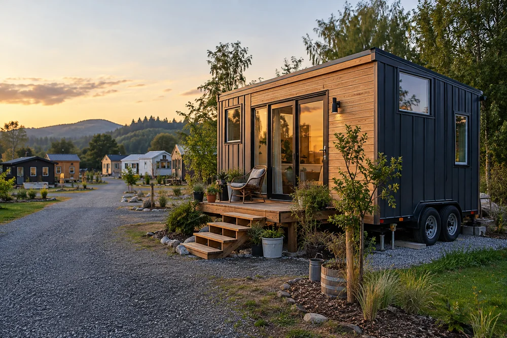 Tiny House mit Holzfront, dunkler Seitenwand und Eingangsstufen an einem ruhigen Wohnweg