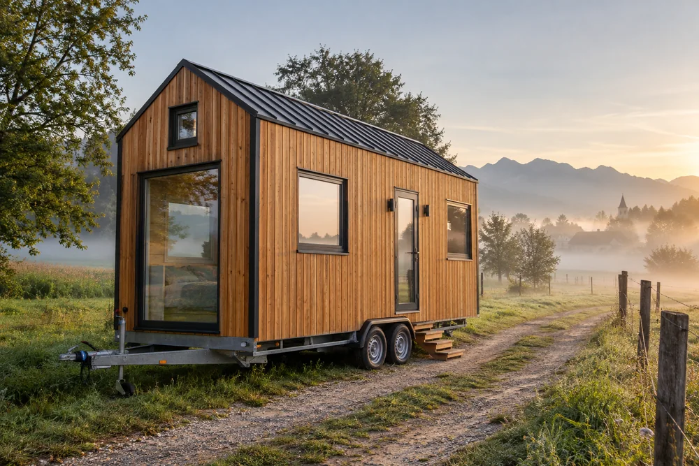 Holzverkleidetes Tiny House mit Satteldach und Anhängerkupplung im Morgennebel