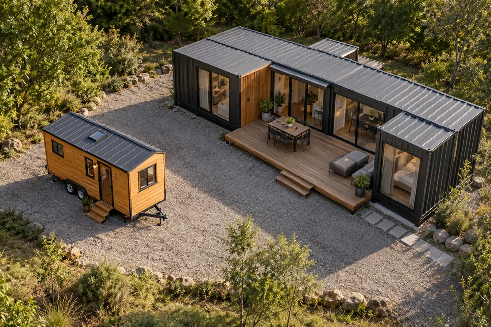 Kleines Tiny House und größere L-förmige Container-Wohnanlage mit Terrasse aus der Vogelperspektive