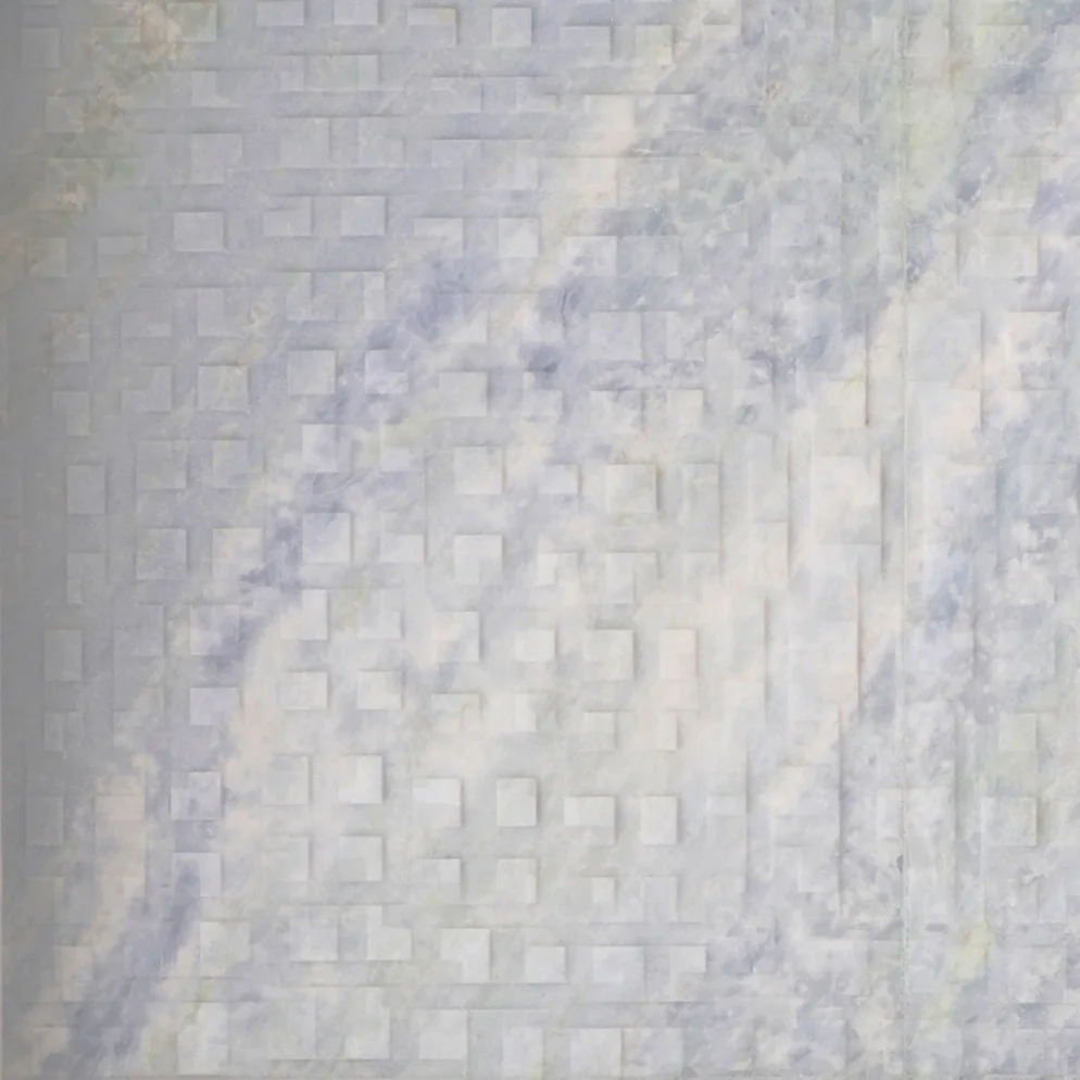 Lithos Design Polis Calcite Blu: Blue-white relief stone wall and pale bathroom views · View 1