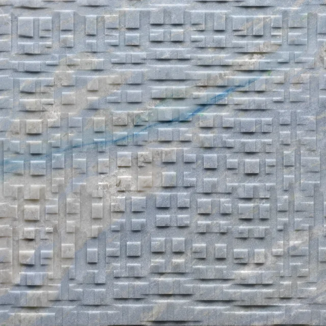 Lithos Design Polis Calcite Blu: Blau-weiß nuancierte reliefierte Steinwand und helle Badraumansichten · Ansicht 4