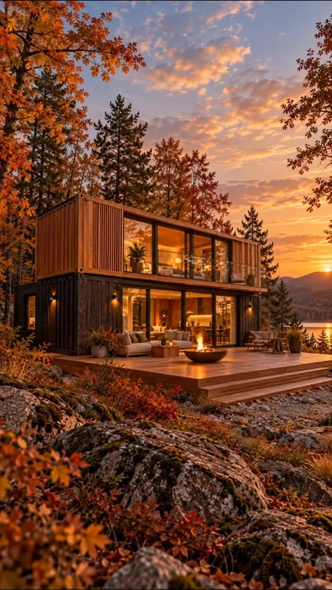 Ein zweigeschossiges Holzhaus, offene Glasflächen und eine Feuerstelle auf der Terrasse treffen auf warmes Herbstlicht – Symbolbild