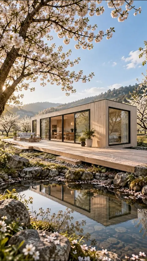 Helles Holz, große Fenster und eine offene Terrasse stehen zwischen blühenden Bäumen – Symbolbild