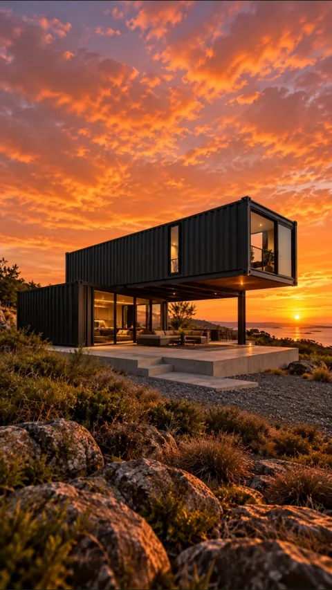 Dunkles zweigeschossiges Containerhaus mit auskragendem Obergeschoss, Terrasse und Meerblick bei Sonnenuntergang – Symbolbild