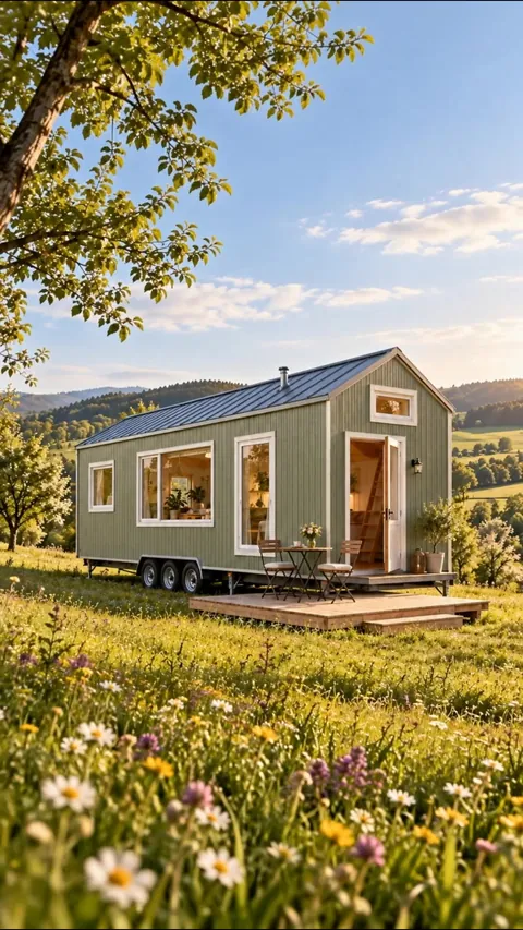Das salbeigrüne Tiny House steht mit Holzterrasse und offenem Eingang in der Blumenwiese – Symbolbild