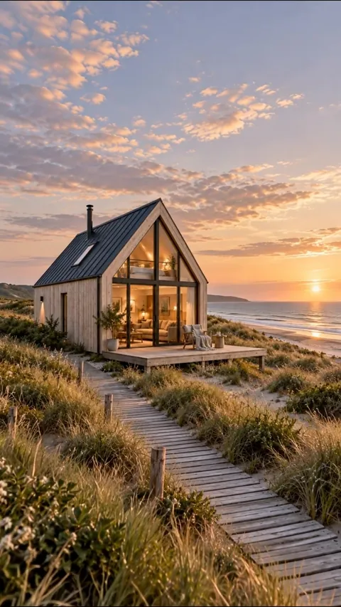 Die hohe Glasfront des kleinen Holzhauses öffnet sich zum Meer – Symbolbild