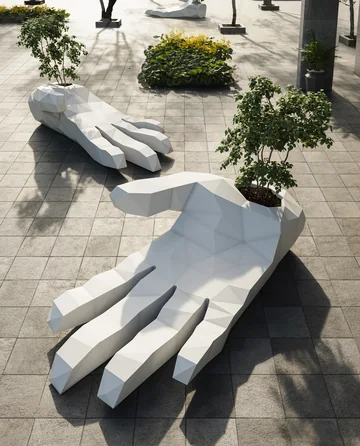 VONDOM GLOVE: weiße handförmige Sitzskulpturen mit Pflanzen auf einem gepflasterten Platz von oben