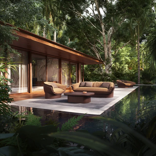 VONDOM LUNA: Lounge vor einer modernen Glasfassade mit Garten und Wasserfläche