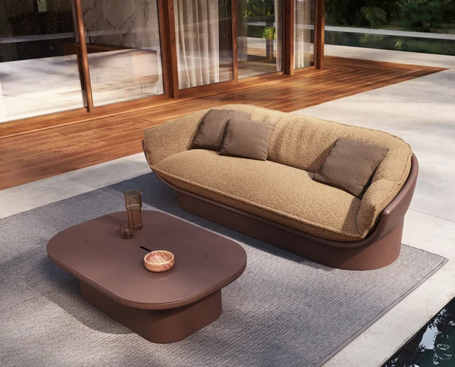 VONDOM LUNA: helles Sofa mit runden Konturen und einem kleinen Beistelltisch