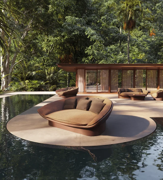VONDOM LUNA: breites rundes Daybed auf einer Plattform im Garten