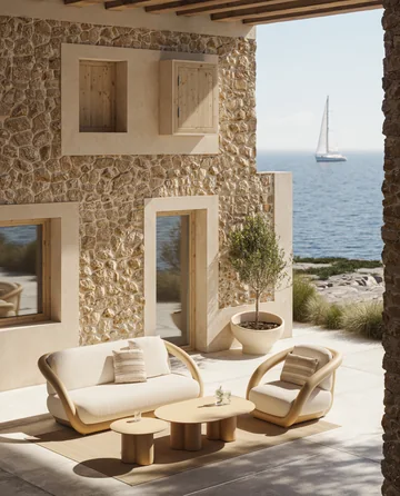 VONDOM MEL: pale sofa, armchair and three rounded tables in a stone courtyard