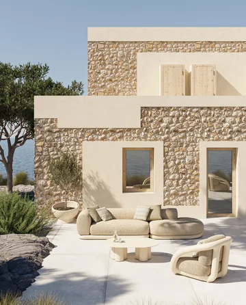 VONDOM MEL: Lounge-Gruppe auf einer Terrasse vor einem modernen Steinhaus