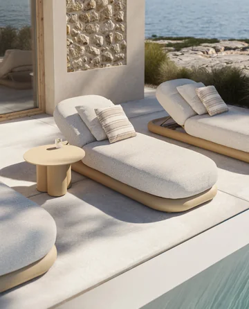 VONDOM MEL image series: upholstered loungers and small tables beside a pool