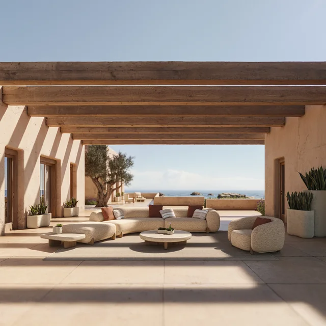 VONDOM MILOS: helle Lounge mit gerundeten Sofas und Tischen unter einer Pergola am Meer