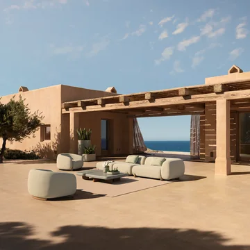 VONDOM MILOS: organisch geformte Sitzgruppe vor einem sandfarbenen Haus