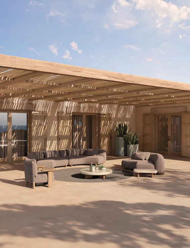 VONDOM MILOS: dunkle Lounge-Möbel unter einer Holzpergola mit gestreiftem Schatten