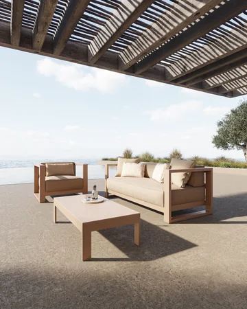 VONDOM POSIDONIA: pale lounge seating with straight frames beneath a pergola beside water