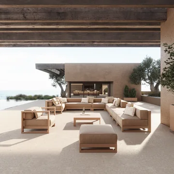VONDOM POSIDONIA: sofas, chairs and low tables on a covered terrace
