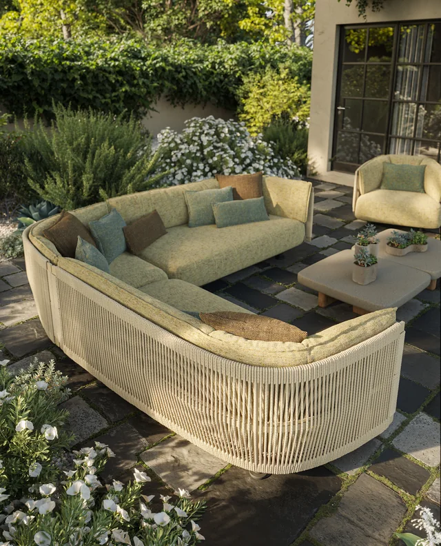 VONDOM SERRA: gebogenes Sofa mit heller Seilstruktur und grünen Polstern von oben