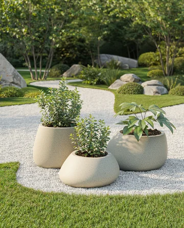 VONDOM STONE: low organic planters on garden gravel