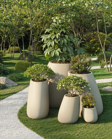 VONDOM STONE: tall and low planted vessels in warm pale tones