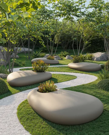 VONDOM STONE: Blick über organische niedrige Tische und den grünen Garten
