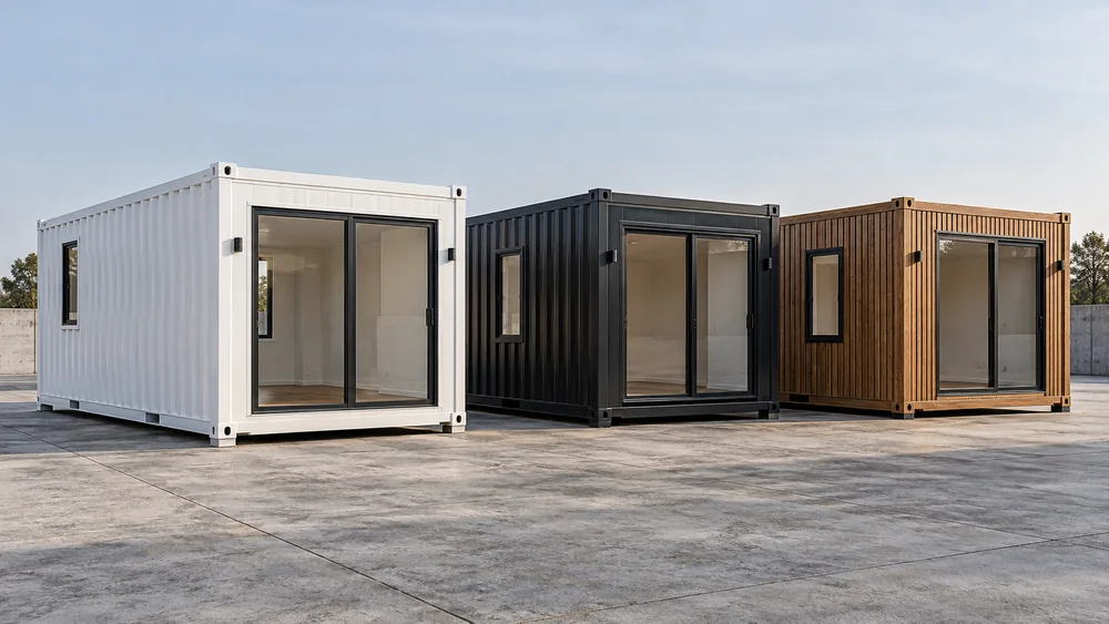 Drei Wohnmodule in Weiß, Anthrazit und Holzoptik mit großen Frontfenstern
