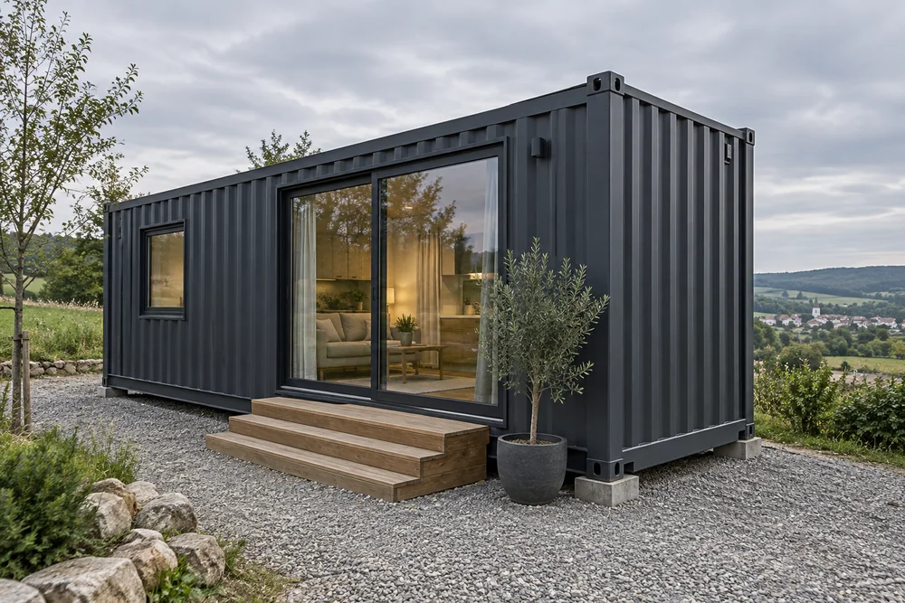 Anthrazitfarbener Wohncontainer mit Eingangsstufen und breiter Glasfront auf einem Kiesplatz