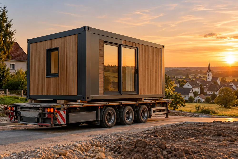Holzverkleidetes Wohnmodul auf einem Tieflader vor einem Dorf im Sonnenuntergang