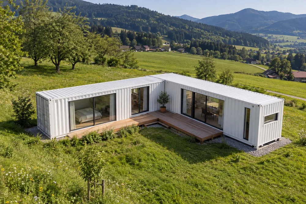 L-förmiges weißes Containerhaus mit geschützter Holzterrasse auf einer Frühlingswiese